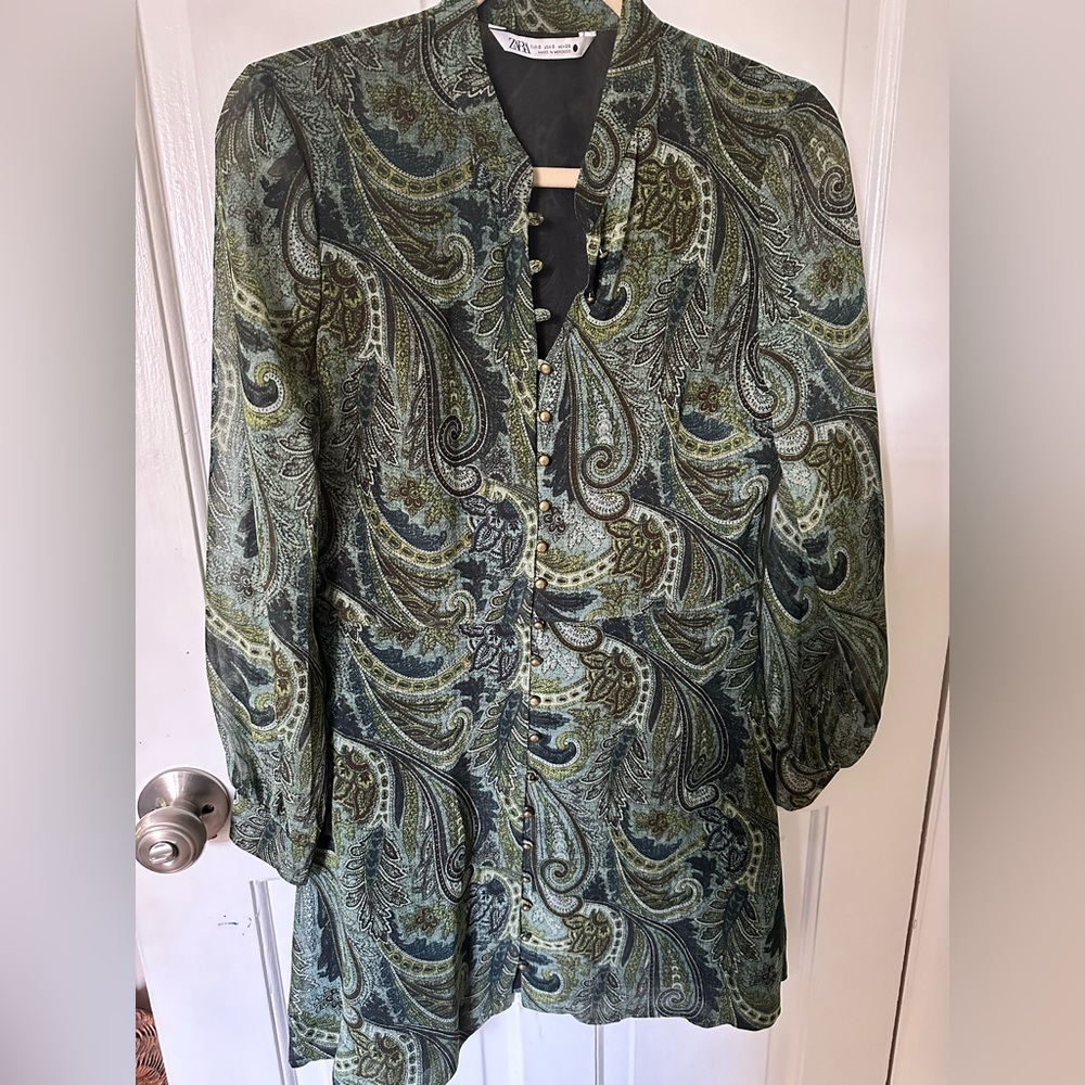 Zara short dress chiffon paisley green size S